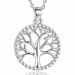 Collar de plata con colgante del Árbol de la Vida dentro de un círculo.