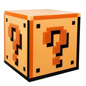 Lámpara de bloque de interrogante de Super Mario, con diseño naranja y negro.