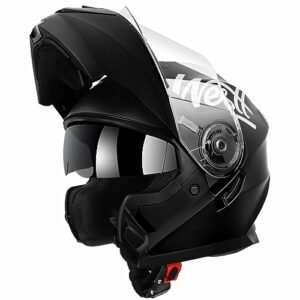 Casco de moto modular negro con visera doble de la marca Westt.