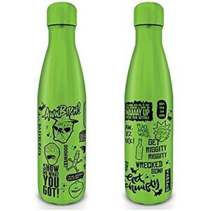 Botella verde de acero con frases y gráficos de Rick and Morty.