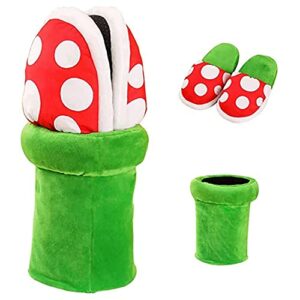 Pantuflas de Mario Bros con diseño de planta carnívora en base verde.