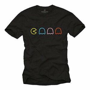 Camiseta negra MAKAYA con diseño de Pac-Man y fantasmas de colores.