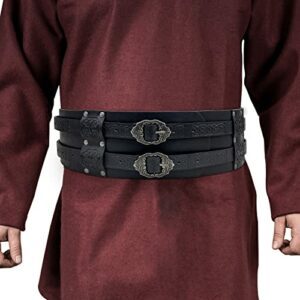 Cinturón ancho vikingo negro con hebillas decorativas, perfecto para disfraces medievales.