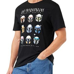 Camiseta negra de "The Mandalorian" con ilustraciones de cascos.