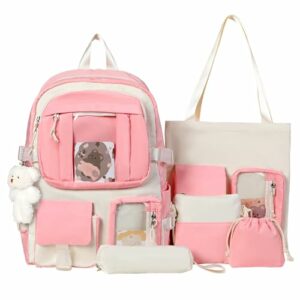 Juego de mochila estética en rosa crema de 5 piezas con diseño adorable.