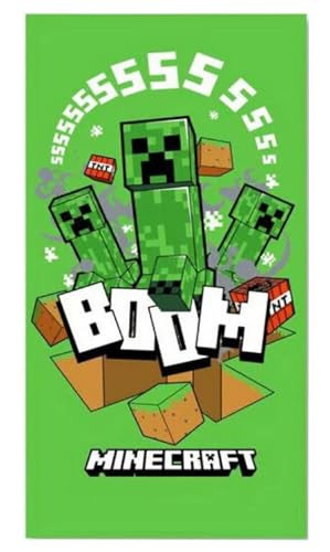 Toalla infantil verde con diseño de Creeper de Minecraft y la palabra "BOOM!".