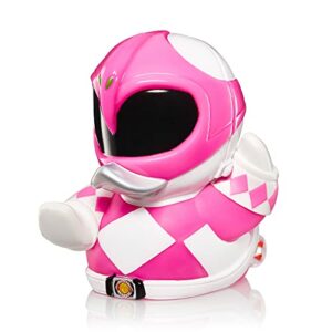 Figura de pato de goma de vinilo que luce el traje del Pink Ranger de Power Rangers.