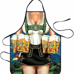 Delantal de cocina con diseño divertido de una camarera bávara sosteniendo cervezas.