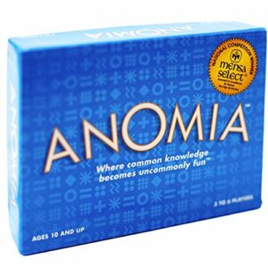 Caja azul del juego de cartas Anomia.