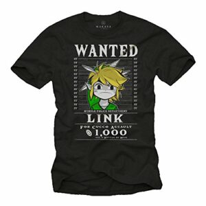 Camiseta negra con diseño de Link de "The Legend of Zelda" y la palabra "WANTED".