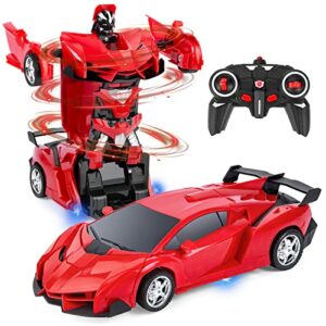 Auto rojo teledirigido que se transforma en robot, con control remoto incluido.