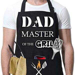 Delantal negro para BBQ con texto "Dad Master of the Grill" y utensilios.