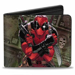 Billetera plegable multicolor con imagen de Deadpool cruzando brazos y espadas a la espalda.