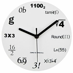 Reloj de pared blanco con ecuaciones matemáticas en lugar de números.