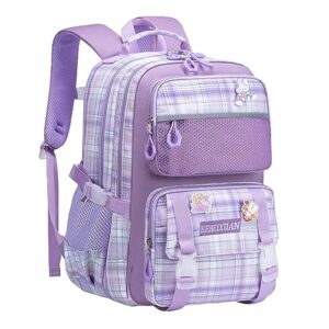 Mochila escolar lila con diseño a cuadros y colgante Kawaii.