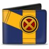 Cartera plegable temática X-Men azul y amarilla con el logo de los X-Men al centro.