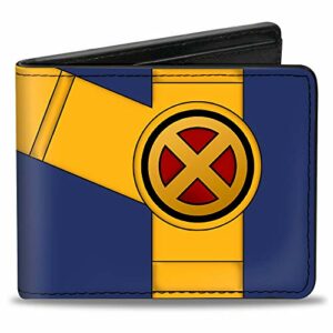 Cartera plegable temática X-Men azul y amarilla con el logo de los X-Men al centro.