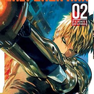 Portada del manga "One Punch-Man 02" con un personaje rubio y brazo metálico en acción.