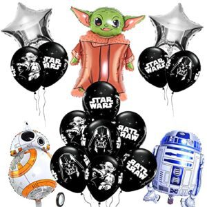 Decoración de cumpleaños de Star Wars con globos de personajes y estrellas.