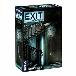 Juego de mesa "Exit: La Mansión Siniestra" de Devir, con una escalera y relojes en la portada.