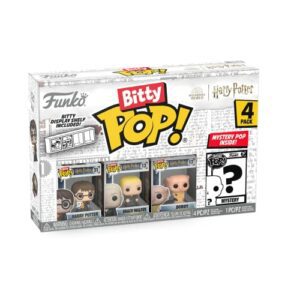 Caja de mini figuras Funko Bitty Pop! de Harry Potter, Draco Malfoy, Dobby y una figura misteriosa.