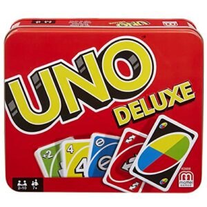 Juego de cartas UNO Deluxe de Mattel en caja metálica roja.