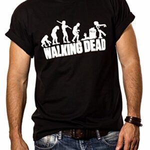 Hombre con camiseta negra de Walking Dead mostrando evolución de zombie en blanco.