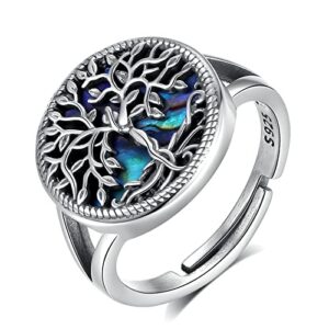 Anillo ajustable de plata con diseño de Árbol de la Vida y fondo en tonos turquesa.