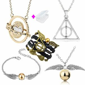 Conjunto de collar y pulsera inspirados en Harry Potter, con diseños del giratiempo y la Snitch Dorada.