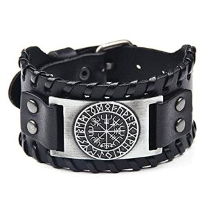 Pulsera de cuero negro con diseño vikingo y vegvisir de runas de la marca Thajaling.