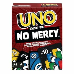 Caja del juego de cartas "UNO No Mercy" de Mattel Games.