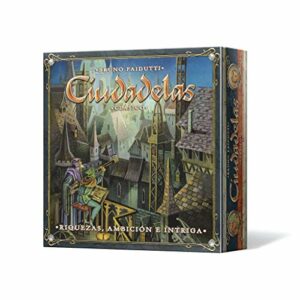 Caja del juego de cartas "Ciudadelas Clásico" con una ilustración de una ciudad medieval.