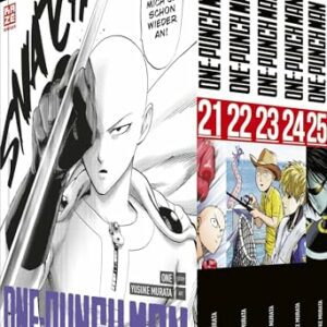 Cajas recopilatorias del manga "One-Punch Man" con los volúmenes 21 al 25.