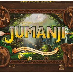 Caja del juego de mesa Jumanji con un diseño de selva y figuras de animales.