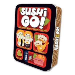 Caja del juego de mesa "Sushi Go!" de Devir con ilustraciones de sushi en su portada.