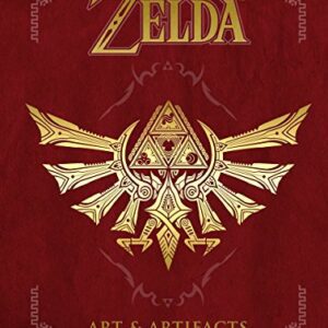 Portada del libro "The Legend of Zelda: Art & Artifacts" con un diseño dorado sobre fondo rojo.