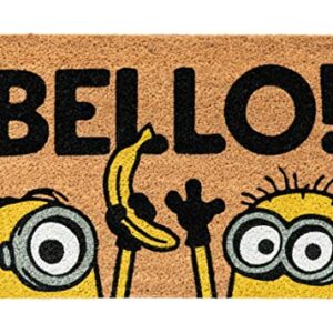 Felpudo de coco con diseño de Minions y la palabra "BELLO!".