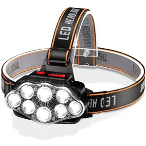 Linterna frontal LED recargable con múltiples focos y cinta ajustable.