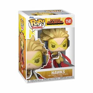 Funko Pop! de Hawks de My Hero Academia con máscara y alas rojas en caja.