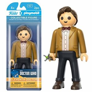 Figura Funko Playmobil del 11º Doctor de Doctor Who con traje marrón y pajarita.