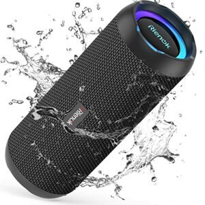 Altavoz Bluetooth portátil RIENOK resistente al agua con diseño cilíndrico negro.