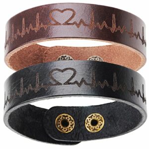 Pulseras de cuero negro y marrón con diseño de latidos y corazón, marca Thajaling.