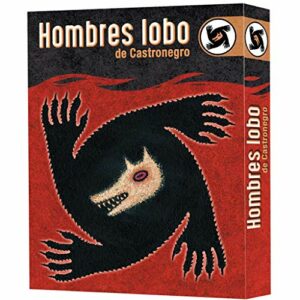 Caja del juego "Hombres Lobo de Castronegro" con ilustración de una figura aterradora en tonos oscuros.