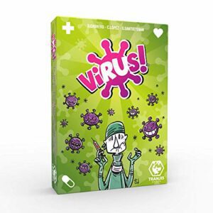 Caja del juego de cartas "Virus!" de Tranjis Games con ilustraciones de virus y un médico caricaturesco.