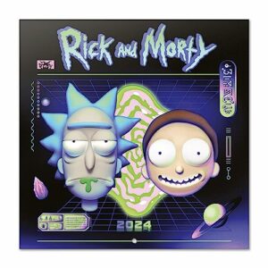 Calendario de pared 2024 de Rick y Morty con diseño futurista.