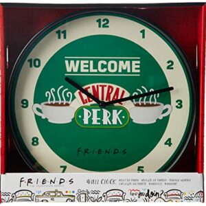 Reloj de pared circular con el logo de Central Perk de la serie FRIENDS en el centro.