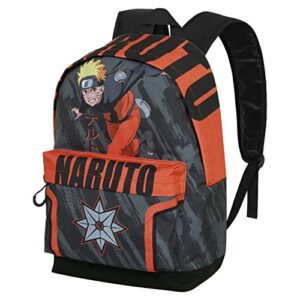 Mochila gris de Naruto con diseño de shuriken y la imagen del personaje Naruto Uzumaki en acción.