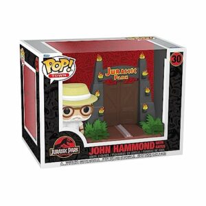 Figura Funko Pop! Town de John Hammond con las puertas de Jurassic Park, caja ilustrada.