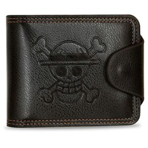 Cartera de cuero marrón con emblema de calavera y huesos cruzados de estilo anime.