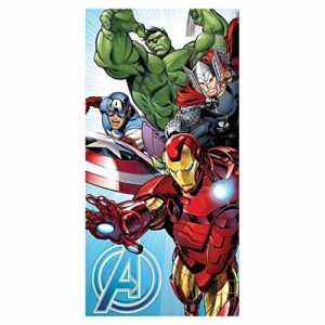 Toalla azul de Los Vengadores de Marvel con Iron Man, Capitán América, Hulk y Thor.